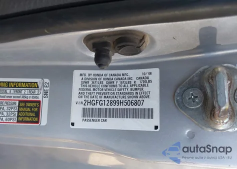 2009 Honda Civic Ex z USA, uszkodzony, nr VIN 2HGFG12899H506807